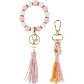 2 قطعة سوار حلقة مفاتيح من السيليكون، سوار سلسلة مفاتيح من الخرز مع قلادة شرابة للمنزل والمكتب (وردي) in Kuwait