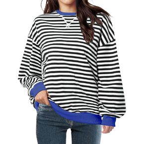 Women Striped Oversized Sweatshirt Long Sleeve Crewneck Shirt Lightweight Pullover Top Preppy Y2K Clothes