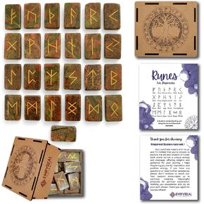 Norse Rune Stones Set, 25 Pieces with Guidebook, Elder Futhark Runes Engraved Divination Stones for Spiritual Growth and Insight (Unakite)