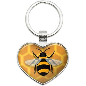 Bee on Honeycomb Keychain Heart Love Metal Key Chain Ring
