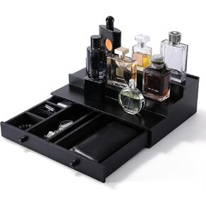 4 Tier Cologne Organizer for Men, Wooden Cologne Stand with Drawer Storage and Hidden Compartment, Rustic Cologne Shelf for Perfume Display Holder