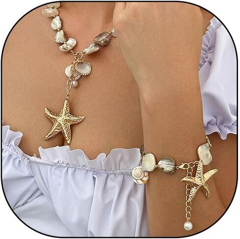 RTY Gold Starfish Sea Shell Conch Pendant Necklace and Earrings Bracelet Set Oversized Shells Conch Sea Star Necklace Chunky Conch Stud Earrings Summer Beach Trendy Stuff in Kuwait