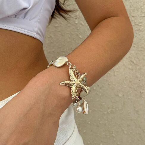 RTY Gold Starfish Sea Shell Conch Pendant Necklace and Earrings Bracelet Set Oversized Shells Conch Sea Star Necklace Chunky Conch Stud Earrings Summer Beach Trendy Stuff in Kuwait