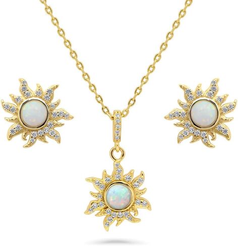 مجموعة قلادة وأقراط أنيقة من الفضة الإسترلينية على شكل شمس مقلدة من أوبال زركونيا مكعبة الزركونيوم CZ Sunburst للنساء (ذهب أصفر لامع، مطلي بالروديوم) من الفضة الإسترلينية BERRICLE in Kuwait