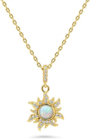 مجموعة قلادة وأقراط أنيقة من الفضة الإسترلينية على شكل شمس مقلدة من أوبال زركونيا مكعبة الزركونيوم CZ Sunburst للنساء (ذهب أصفر لامع، مطلي بالروديوم) من الفضة الإسترلينية BERRICLE in Kuwait