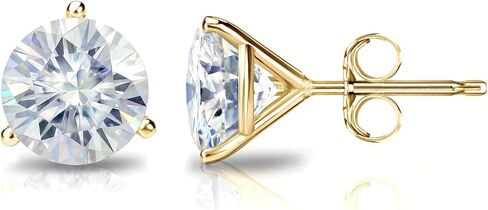 18k Gold Round Moissanite Stud Earrings (1 to 7ct TGW, J-K) 3-Prong Martini Set, Push-Back by Diamond Wish in Kuwait