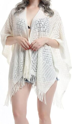 Fomolom Women Swimsuit Crochet Swim Cover Up Bathing Suit Beach Swimwear Knitted Cardigan Shawl Wrap with Fringes in Kuwait