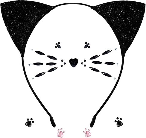عصابة رأس DDazzling Glitter Cat Ears مع ملحقات جوهرة الوجه لحفلات الهالوين على شكل حيوانات (أسود، مقاس واحد) in Kuwait