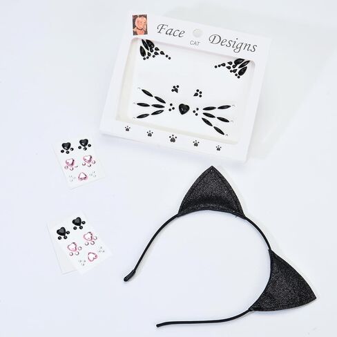 عصابة رأس DDazzling Glitter Cat Ears مع ملحقات جوهرة الوجه لحفلات الهالوين على شكل حيوانات (أسود، مقاس واحد) in Kuwait