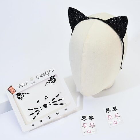 عصابة رأس DDazzling Glitter Cat Ears مع ملحقات جوهرة الوجه لحفلات الهالوين على شكل حيوانات (أسود، مقاس واحد) in Kuwait