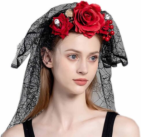 Acenail Halloween Floral Headband Veil Women Flower Crown Skull Cosplay Headpiece Day of the Dead Mexican Headband in Saudi Arabia