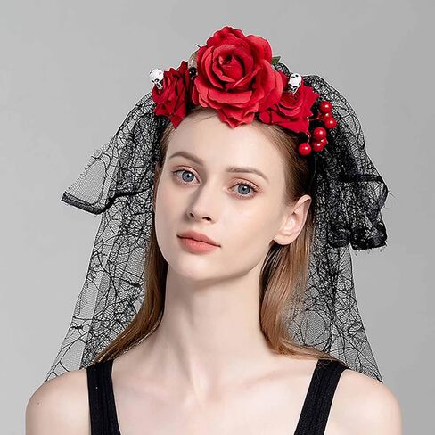 Acenail Halloween Floral Headband Veil Women Flower Crown Skull Cosplay Headpiece Day of the Dead Mexican Headband in Saudi Arabia