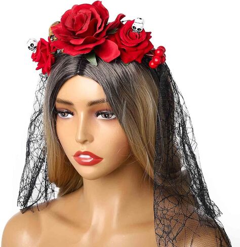 Acenail Halloween Floral Headband Veil Women Flower Crown Skull Cosplay Headpiece Day of the Dead Mexican Headband in Saudi Arabia