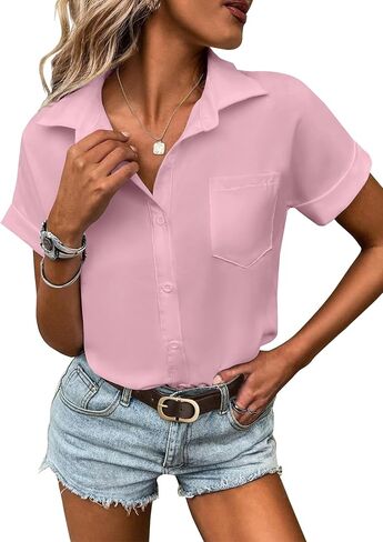 HOTOUCH Women Waterproof Button Down Shirt Solid Work Business Blouse Stain-Resistant Short Sleeve Tops in Saudi Arabia
