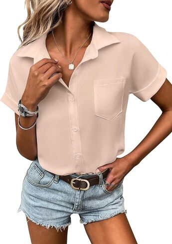 HOTOUCH Women Waterproof Button Down Shirt Solid Work Business Blouse Stain-Resistant Short Sleeve Tops in Kuwait