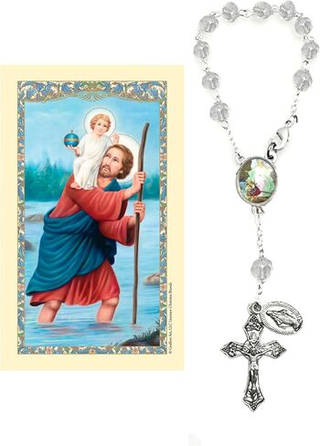 Blessed Mother Mary One Decade Auto Glass Blue beads Rosary- Travel Protection RearView Mirror Accessory - Includes St Christipher Prayer Card (Blue Crystal) in Saudi Arabia
