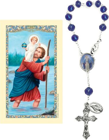 Blessed Mother Mary One Decade Auto Glass Blue beads Rosary- Travel Protection RearView Mirror Accessory - Includes St Christipher Prayer Card (Blue Crystal) in Saudi Arabia