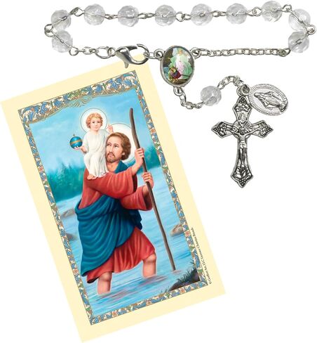 Blessed Mother Mary One Decade Auto Glass Blue beads Rosary- Travel Protection RearView Mirror Accessory - Includes St Christipher Prayer Card (Blue Crystal) in Saudi Arabia