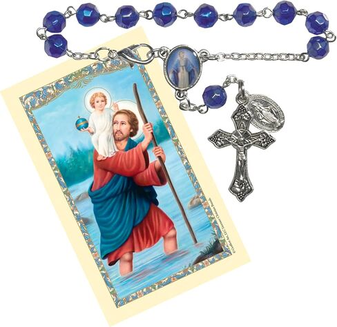 Blessed Mother Mary One Decade Auto Glass Blue beads Rosary- Travel Protection RearView Mirror Accessory - Includes St Christipher Prayer Card (Blue Crystal) in Saudi Arabia