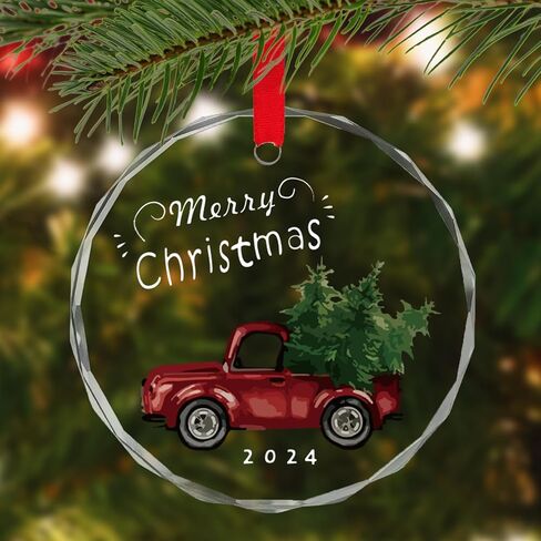 Christmas Ornament 2024, Red Truck Glass Christmas Tree Ornament with Ribbon for Christmas Tree Decoration, Decorative Hanging 2024 Annual Holiday Keepsake Gift, 2024 Christmas Ornament for Xmas Decor in Saudi Arabia