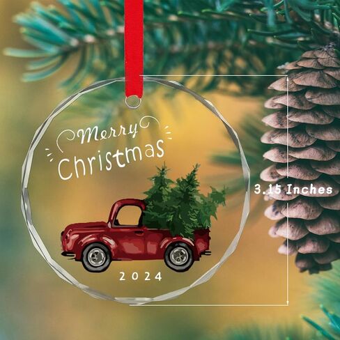 Christmas Ornament 2024, Red Truck Glass Christmas Tree Ornament with Ribbon for Christmas Tree Decoration, Decorative Hanging 2024 Annual Holiday Keepsake Gift, 2024 Christmas Ornament for Xmas Decor in Saudi Arabia