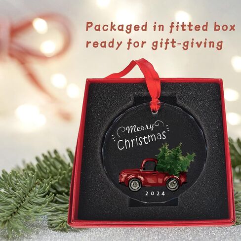 Christmas Ornament 2024, Red Truck Glass Christmas Tree Ornament with Ribbon for Christmas Tree Decoration, Decorative Hanging 2024 Annual Holiday Keepsake Gift, 2024 Christmas Ornament for Xmas Decor in Saudi Arabia