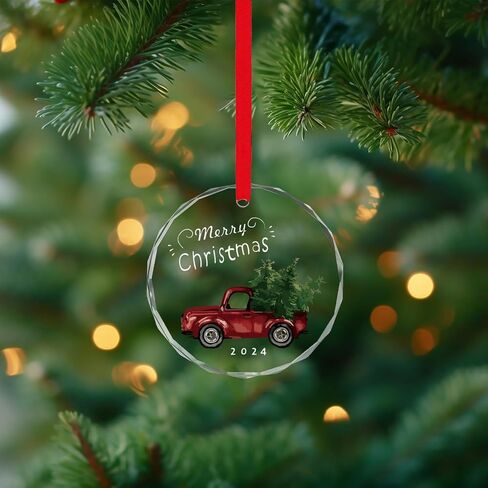 Christmas Ornament 2024, Red Truck Glass Christmas Tree Ornament with Ribbon for Christmas Tree Decoration, Decorative Hanging 2024 Annual Holiday Keepsake Gift, 2024 Christmas Ornament for Xmas Decor in Saudi Arabia