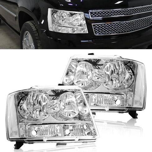 مصابيح هالوجين أمامية متوافقة مع 2007-2014 Chevy Suburban Tahoe/ 2007-2013 Chevy Avalanche مجموعة مصابيح أمامية بديلة من الكروم 20760578 20760579 (جانب السائق والراكب) in Kuwait