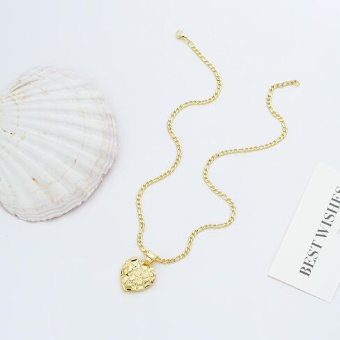14k Gold Plated Rough Textured Cookie Nugget Heart Shape Charm Pendant Necklace For Women Men in Saudi Arabia