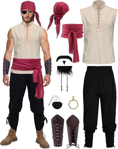 11 Pcs Adult Pirate Costume Men Renaissance Medieval Shirt Ankle Banded Pants with Viking Accessories Beard Arm Guard in Saudi Arabia