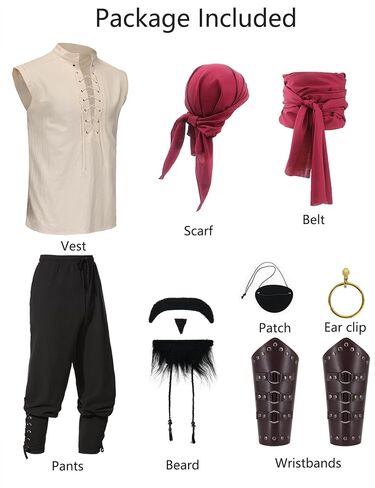 11 Pcs Adult Pirate Costume Men Renaissance Medieval Shirt Ankle Banded Pants with Viking Accessories Beard Arm Guard in Saudi Arabia