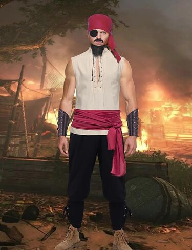 11 Pcs Adult Pirate Costume Men Renaissance Medieval Shirt Ankle Banded Pants with Viking Accessories Beard Arm Guard in Saudi Arabia