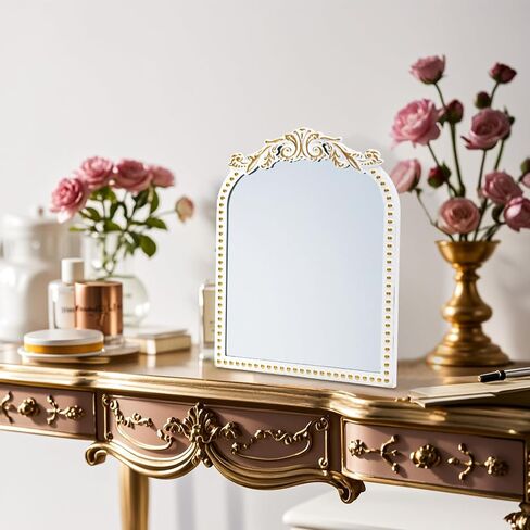 Vintage Vanity Mirror Makeup Mirror Antique Arched Table Mirrors for Dresser,Baroque Gold Decor Ornate Mirror with Stand for Living Room,Tabletop,Bedroom in Saudi Arabia
