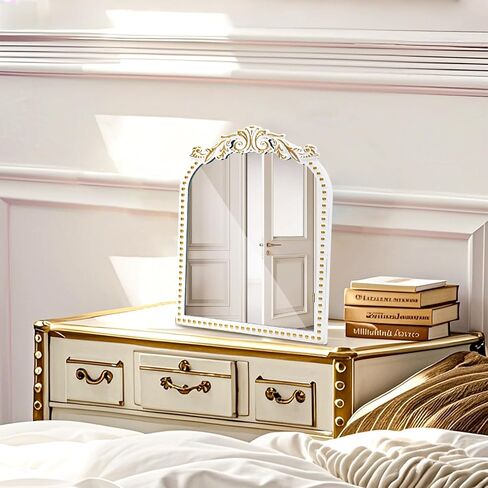 Vintage Vanity Mirror Makeup Mirror Antique Arched Table Mirrors for Dresser,Baroque Gold Decor Ornate Mirror with Stand for Living Room,Tabletop,Bedroom in Saudi Arabia