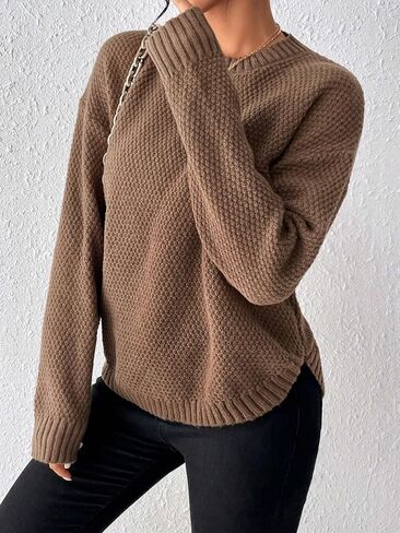 MakeMeChic Women's Round Neck Slit Hem Sweater Drop Shoulder Long Sleeve Knitted Pullover Tops in Saudi Arabia