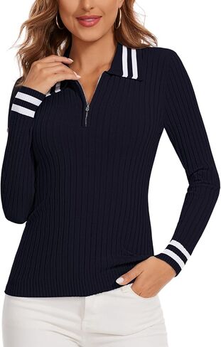 Soneven Womens Quarter Zip Sweaters Color Block Lapel Pullover Sweater Slim Fit Ribbed Knit Sweater Tops in Kuwait