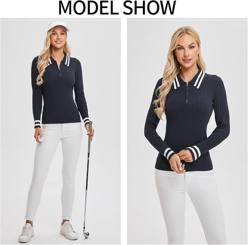 Soneven Womens Quarter Zip Sweaters Color Block Lapel Pullover Sweater Slim Fit Ribbed Knit Sweater Tops in Kuwait