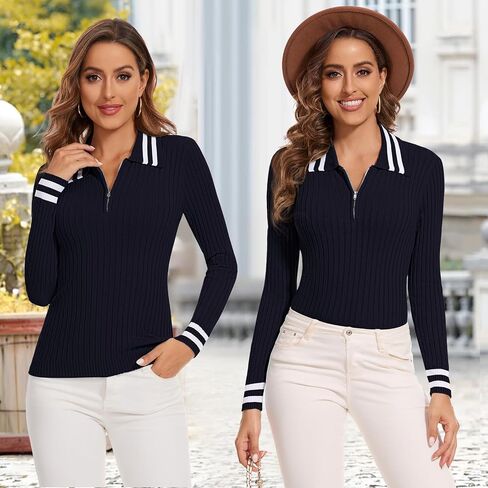 Soneven Womens Quarter Zip Sweaters Color Block Lapel Pullover Sweater Slim Fit Ribbed Knit Sweater Tops in Kuwait