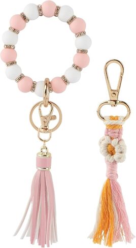 2 قطعة سوار حلقة مفاتيح من السيليكون، سوار سلسلة مفاتيح من الخرز مع قلادة شرابة للمنزل والمكتب (وردي) in Kuwait