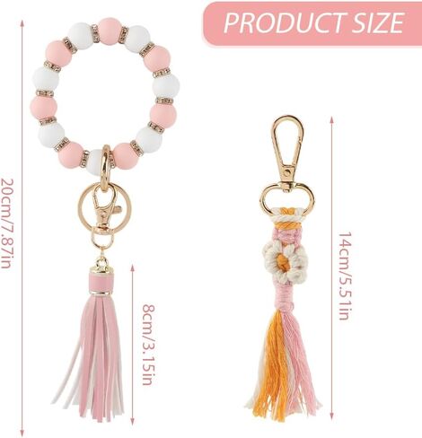 2 قطعة سوار حلقة مفاتيح من السيليكون، سوار سلسلة مفاتيح من الخرز مع قلادة شرابة للمنزل والمكتب (وردي) in Kuwait