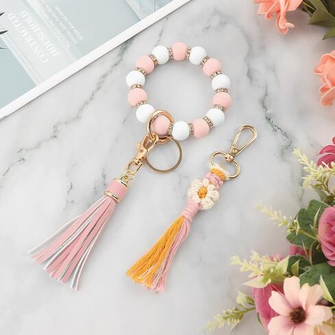 2 قطعة سوار حلقة مفاتيح من السيليكون، سوار سلسلة مفاتيح من الخرز مع قلادة شرابة للمنزل والمكتب (وردي) in Kuwait