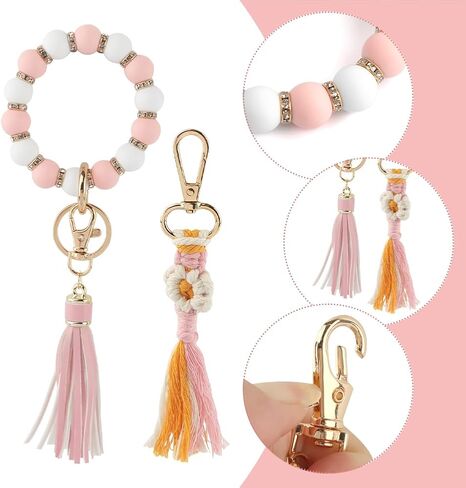 2 قطعة سوار حلقة مفاتيح من السيليكون، سوار سلسلة مفاتيح من الخرز مع قلادة شرابة للمنزل والمكتب (وردي) in Kuwait