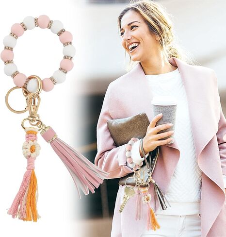 2 قطعة سوار حلقة مفاتيح من السيليكون، سوار سلسلة مفاتيح من الخرز مع قلادة شرابة للمنزل والمكتب (وردي) in Kuwait