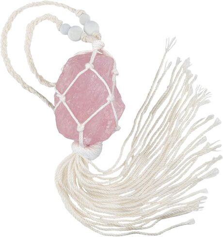 Rockcloud Handmade Rose Quartz Crystal Raw Stone Hanging Ornament Car Charm Pendant Ornament with Tassels, for Home Office Car Decoration in Kuwait