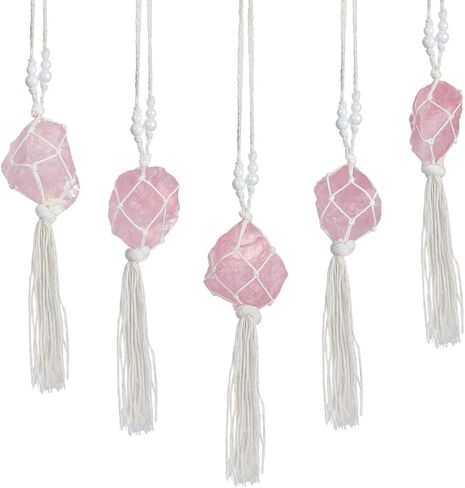 Rockcloud Handmade Rose Quartz Crystal Raw Stone Hanging Ornament Car Charm Pendant Ornament with Tassels, for Home Office Car Decoration in Kuwait