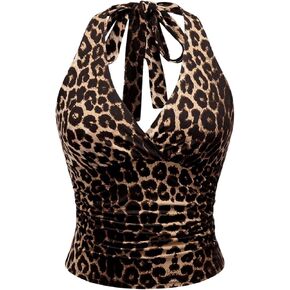 SweatyRocks Women's Leopard Print Crop Halter Tops Summer Sleeveless Wrap V Neck Ruched Tank Tops