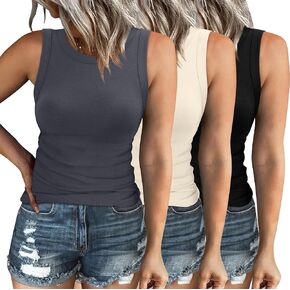 XIEERDUO Sleeveless Tops for Women 3 Pack Crew Neck Undershirt Casaul Shirts Black Beige Grey M