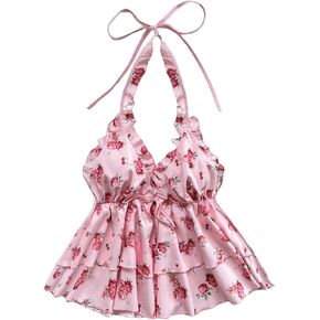 Verdusa Women's Floral Print Backless Ruffle Hem Layered Halter Top Sleeveless Shirt Blouses