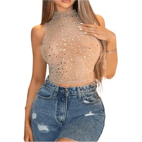 SHENHE Women's Rhinestone Sequin Mesh Sparkly Crop Tank Top Mock Neck Sheer Sexy Top