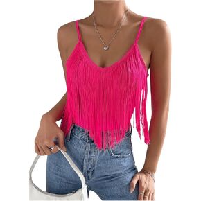Women's Sleeveless Fringe Camisole Tops V Neck Spaghetti Strap Summer Cami Shirts
